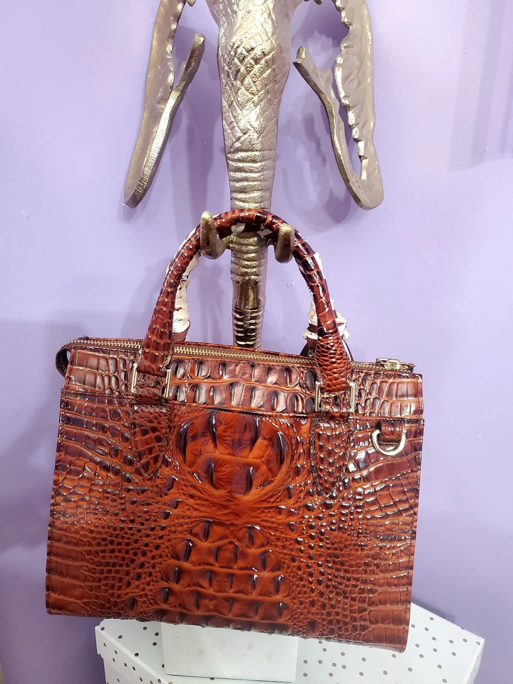 Brahmin Croc-Embossed Brown Satchel with Scarf-Wrapped Handles and Pearl Accent